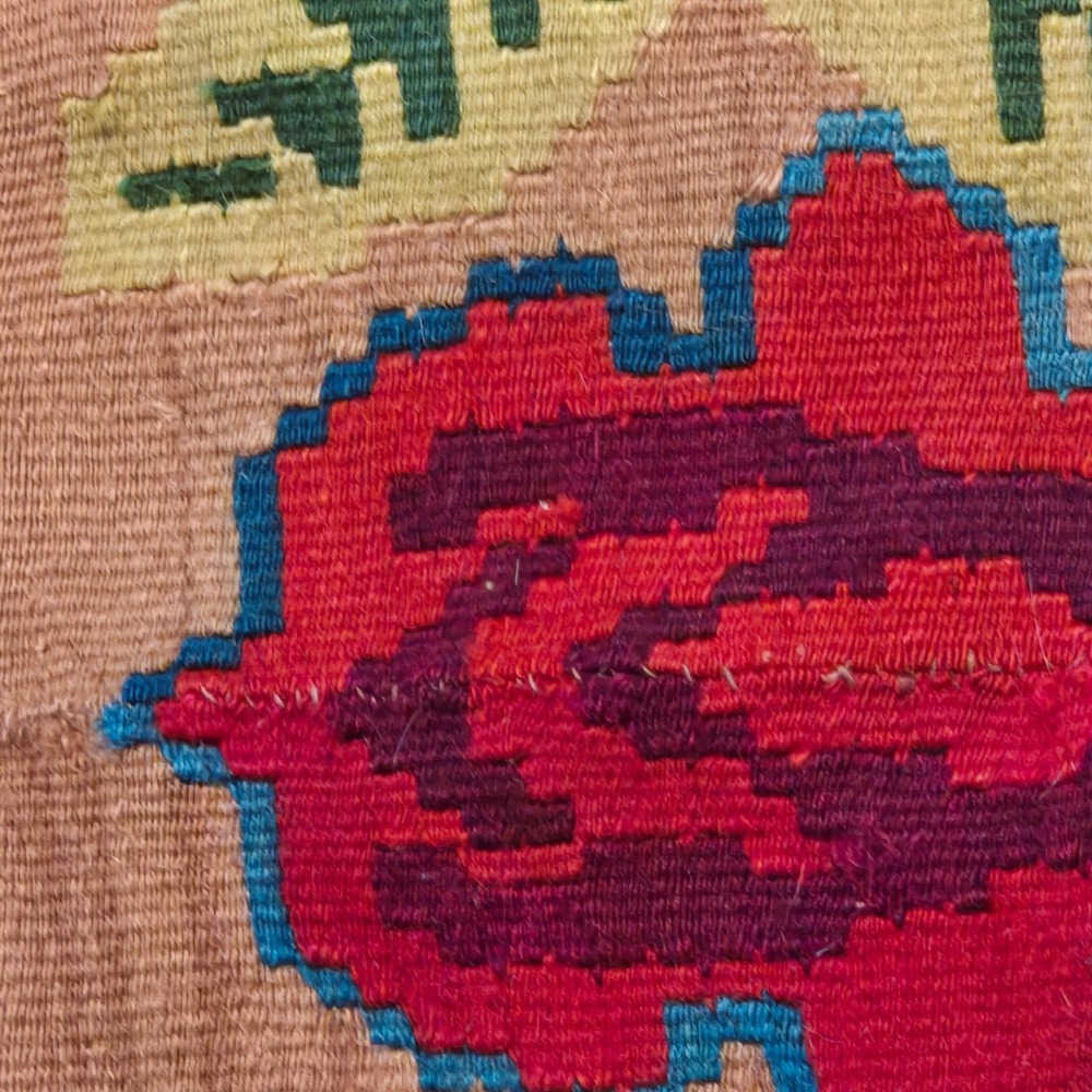Vintage Handwoven Kilim Rug Floral Medallion Turquoise Tan Boho Flatweave Fringe - Picture 10 of 16